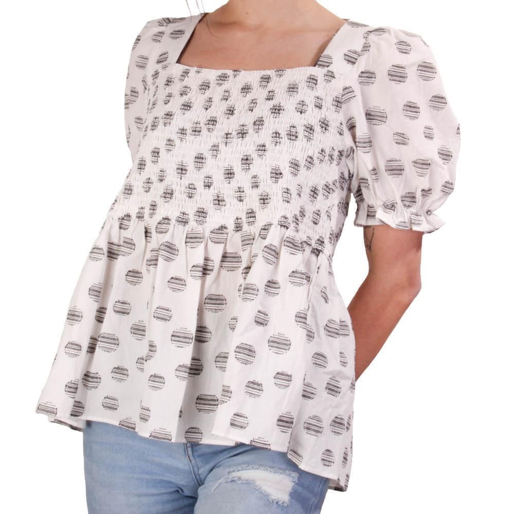 Joy Joy Black White Smocked Polka Dot Top
